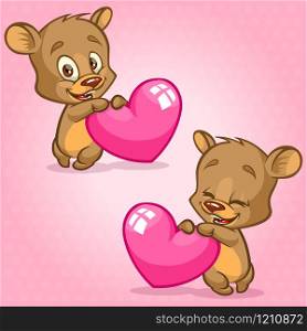 Cute Teddy bear holding red heart. Vector illustration for St Valentine&rsquo;s Day. Bear emotion set