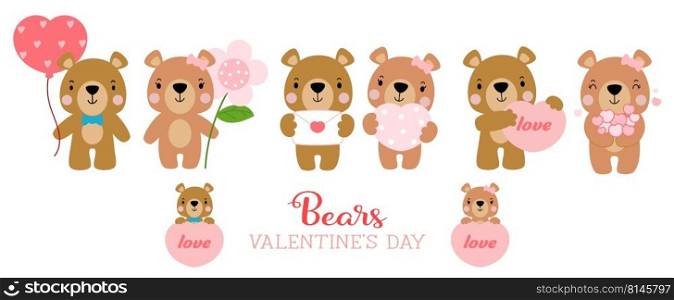 cute teddy bear love set valentines day with elements, Falt vector 
