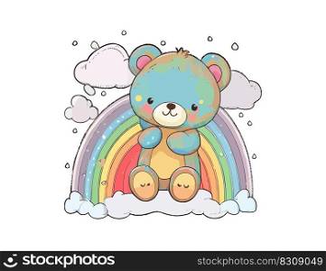 Cute teddy bear on a rainbow. Vector illustration desing.