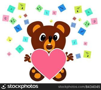 Cute teddy bear print. Cute illustration of teddy bear and musical notes for baby t-shirt, baby clothes, invitation, baby design. Vector illustration of Cartoon happy bear with heart isolated on white background