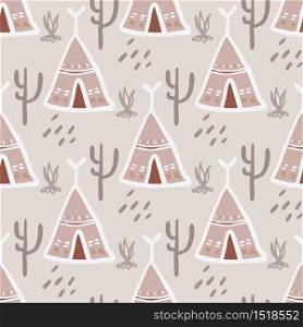 Cute teepee seamless pattern. Native style. Tribal wallpaper. Decorative backdrop for fabric design, textile print, wrapping, cover. Vector illustration. Cute teepee seamless pattern. Native style. Tribal wallpaper.