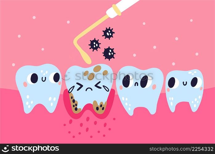 Cute teeth hygiene. Funny dental characters. Row in gum. Toothache treatment process. Painful diseased tooth. Oral hygienic procedure. Caries cleaning with stomatology tool. Vector dentistry concept. Cute teeth hygiene. Funny dental characters. Row in gum. Toothache treatment process. Diseased tooth. Oral hygienic procedure. Caries cleaning with stomatology tool. Vector concept