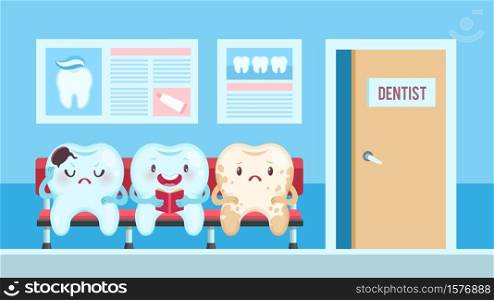 Cute teeth in dental clinic. Dentist waiting room with upset and smiling patients, healthy and aching tooth with different emotions. Medical children dentistry office for poster cartoon vector concept. Cute teeth in dental clinic. Dentist waiting room with upset and smiling patients, healthy and aching tooth with different emotions. Children dentistry office cartoon vector concept