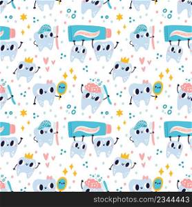 Cute teeth seamless pattern. Funny little dental characters with toothpaste and toothbrush, kids educational print, oral hygiene, white background. Decor textile wrapping paper wallpaper, vector print. Cute teeth seamless pattern. Funny little dental characters with toothpaste and toothbrush, kids educational print, oral hygiene, white background. Decor textile, wrapping paper, vector print