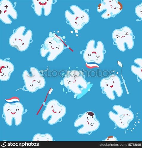 Cute teeth seamless pattern. Funny tooth characters with different emotions, children dentistry, kids dental care creative design textile, wrapping paper, wallpaper vector texture on blue background. Cute teeth seamless pattern. Funny tooth characters with different emotions, children dentistry, dental care creative design textile, wrapping, wallpaper vector texture on blue background