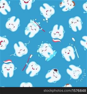 Cute teeth seamless pattern. Funny tooth characters with different emotions, children dentistry, kids dental care creative design textile, wrapping paper, wallpaper vector texture on blue background. Cute teeth seamless pattern. Funny tooth characters with different emotions, children dentistry, dental care creative design textile, wrapping, wallpaper vector texture on blue background