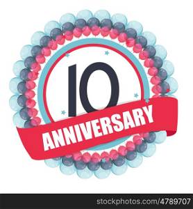 Cute Template 10 Years Anniversary with Balloons and Ribbon Vector Illustration EPS10. Cute Template 10 Years Anniversary with Balloons and Ribbon Vect