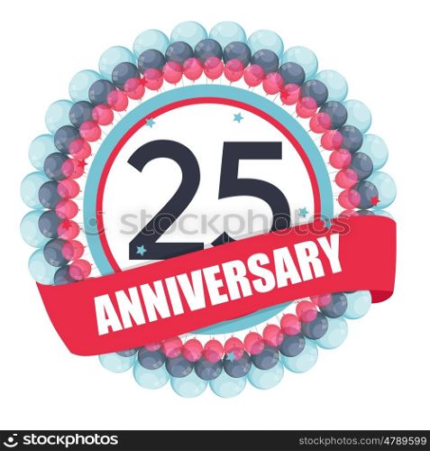 Cute Template 25 Years Anniversary with Balloons and Ribbon Vector Illustration EPS10. Cute Template 25 Years Anniversary with Balloons and Ribbon Vect