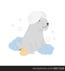 Cute terrier dog with a towel on a head, foam, bubbles and rubber duck. Vector illustration of a funny washing pet.. Cute terrier dog with a towel on a head, foam, bubbles and rubber duck. Vector illustration of a funny washing pet