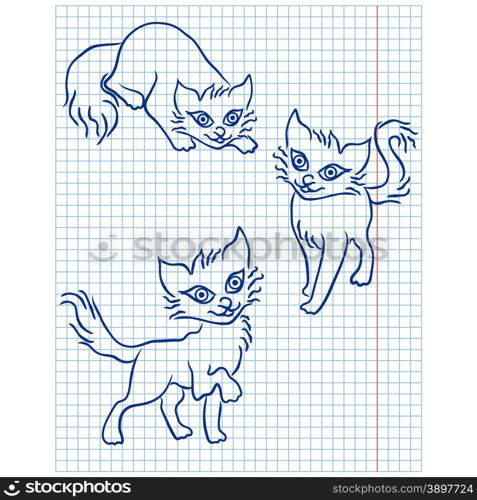 Cute three blue cats drawing on a checkered sheet, vector illustration