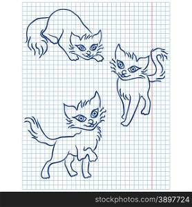 Cute three blue cats drawing on a checkered sheet, vector illustration