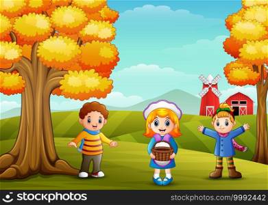 Cute three kids in farm background