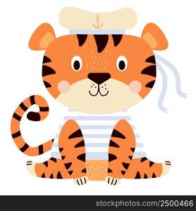 Cute tiger. A funny character in sea clothes - a striped vest and a hat with an anchor with ribbons. Vector illustration. 2022 year of the tiger. Isolated For design, print, postcards and decor
