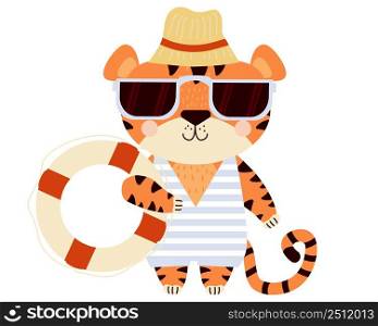 Cute tiger. beach guy - Funny striped character on the beach in sunglasses, a hat, a swimsuit and a lifebuoy in a paw. Vector illustration. For design, printing, card and decora 