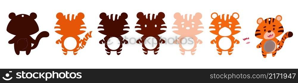Cute tiger candy ornament. Layered paper decoration treat holder for dome. Hanger for sweets, candy for birthday, baby shower, halloween, christmas. Print, cut out, glue. Vector stock illustration