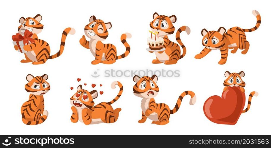 Cute tiger. Cartoon adorable kitten mascot. Happy funny striped wild animal for kids illustration. 2022 year or Valentine holidays symbol. Isolated cat with gifts and birthday cake. Vector kitties set. Cute tiger. Cartoon adorable kitten mascot. Happy striped wild animal for kids illustration. 2022 year or Valentine holidays symbol. Cat with gifts and birthday cake. Vector kitties set