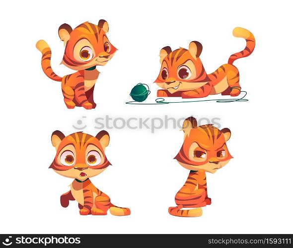 Cute tiger cartoon character, funny animal cub mascot with kawaii muzzle express emotions smile, take offense, surprised and playing with clew. Wild kitten with orange striped skin vector isolated set. Cute tiger cartoon character, animal cub mascot