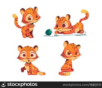 Cute tiger cartoon character, funny animal cub mascot with kawaii muzzle express emotions smile, take offense, surprised and playing with clew. Wild kitten with orange striped skin vector isolated set. Cute tiger cartoon character, animal cub mascot