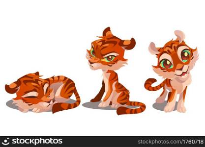 Cute tiger cartoon character, funny animal cub mascot with kawaii muzzle express emotions smiling, grumpy and sleeping. Wild baby kitten with orange striped skin. Vector illustration, isolated set. Cute tiger cartoon character, animal cub mascot
