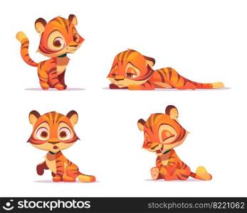 Cute tiger cartoon character, funny animal cub mascot with kawaii muzzle express emotions smiling, laughing, surprised and sad. Wild kitten with orange striped skin. Vector illustration, isolated set. Cute tiger cartoon character, animal cub mascot