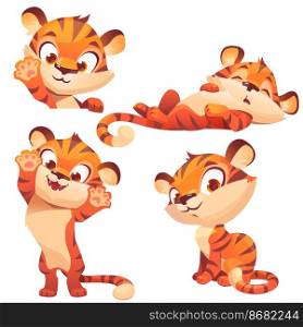 Cute tiger cartoon character, funny animal cub mascot with kawaii muzzle express emotions smile, playing and waving paw. Wild kitten with orange striped skin isolated on white background vector set. Cute tiger cartoon character, funny animal cub