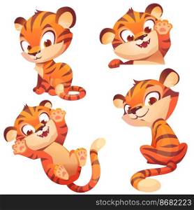 Cute tiger character in different poses isolated on white background. Vector set of cartoon funny kitten plays, looks back and greeting. Creative emoji set, animal mascot. Cute baby tiger character play and greeting