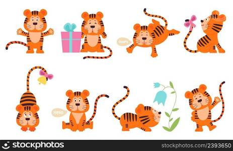 Cute tiger characters. New year tigers baby, chinese symbol. Isolated jungle cat. Cartoon wild animals, childish stickers decent vector set. Illustration of new year mascot tiger, adorable predator. Cute tiger characters. New year tigers baby, chinese symbol. Isolated jungle cat. Cartoon wild animals, childish stickers decent vector set