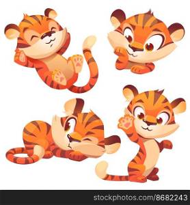Cute tiger cub cartoon character, funny animal mascot sleep on back, waving paw, peep and thinking. Kawaii wild baby kitten with smiling muzzle, orange striped skin, Vector illustration, isolated set. Cute tiger cub cartoon character, funny animal
