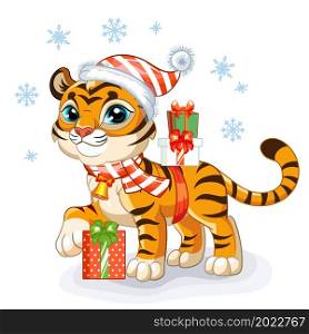 Cute tiger cub in a Christmas hat with gifts and snowflakes. Cartoon tiger character. Vector cartoon isolated illustration. For postcard, posters, design, greeting card, stickers, decor,kids apparel. Cute happy Christmas tiger with gifts vector