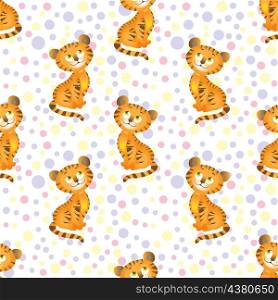 Cute tiger cub is a cartoon animal character. Seamless vector pattern in a flat style, on an original children&rsquo;s background of pastel colors. Interesting for surface decoration, textiles and packaging