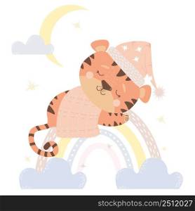 cute tiger girl in a pink nightcap sleeps on a rainbow. Against the background of the moon with clouds. Vector illustration. Baby animal concept for nursery, design, decoration, postcards and prints