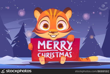 Cute tiger holding banner with Merry Christmas congratulation. Wild funny kitten in winter forest with fir-trees around. Animal cub xmas character with greeting card, Cartoon Vector illustration. Cute tiger holding Merry Christmas banner, xmas