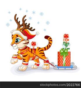 Cute tiger in a Christmas hat carries gifts on a sleigh. Cartoon tiger character. Vector cartoon isolated illustration. For postcard, posters, design, greeting card, stickers, decor,kids apparel. Cute Christmas tiger carries gifts on a sleigh