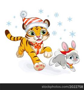 Cute tiger in a Christmas hat runs with a rabbit. Cartoon tiger and bunny characters. Vector cartoon isolated illustration. For postcard, posters, design, greeting card, stickers, decor,kids apparel. Cute Christmas tiger runs with a rabbit
