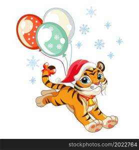 Cute tiger in a Christmas hat runs with balloons. Cartoon tiger character. Vector cartoon isolated illustration. For postcard, posters, design, greeting card, stickers, decor,kids apparel. Cute Christmas tiger with balloons vector illustration