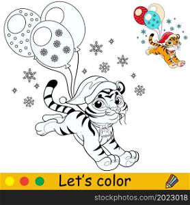 Cute tiger in a Christmas hat runs with balloons. Cartoon tiger character. Vector isolated illustration. Coloring book with colored exemple. For card, poster, design, stickers, decor,kids apparel. Coloring cute Christmas tiger with balloons vector