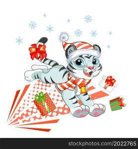 Cute tiger in a Christmas hat runs with gifts. Cartoon tiger character. Vector cartoon isolated illustration. For postcard, posters, design, greeting card, stickers, decor,kids apparel. Cute Christmas tiger runs with presents vector illustration