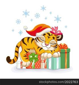 Cute tiger in a Christmas hat sleeps on the gifts. Cartoon tiger character. Vector cartoon isolated illustration. For postcard, posters, design, greeting card, stickers, decor,kids apparel. Cute Christmas tiger sleeps on the gifts vector