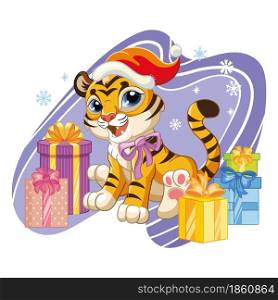 Cute tiger in a Christmas hat with gifts and snowflakes. Cartoon tiger character. Vector isolated illustration. For postcard, posters, design, greeting card, stickers, decor, kids apparel. Cute Christmas tiger with gifts vector illustration