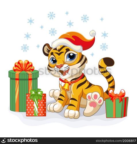 Cute tiger in a Christmas hat with gifts and snowflakes. Cartoon tiger character. Vector cartoon isolated illustration. For postcard, posters, design, greeting card, stickers, decor,kids apparel. Cute Christmas tiger with gifts vector illustration