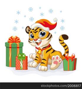 Cute tiger in a Christmas hat with gifts and snowflakes. Cartoon tiger character. Vector cartoon isolated illustration. For postcard, posters, design, greeting card, stickers, decor,kids apparel. Cute Christmas tiger with gifts vector illustration