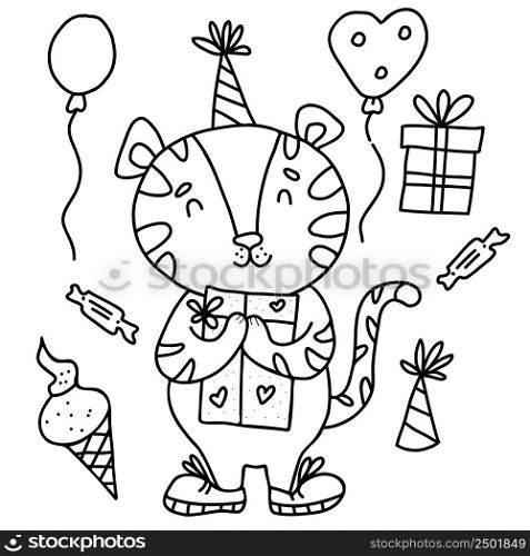 Cute tiger in birthday hat with gift, balloons, ice cream and sweets. Vector illustration. Linear drawing. Character for decor, design, for kids collection. 2022 is Tiger according to Eastern calendar