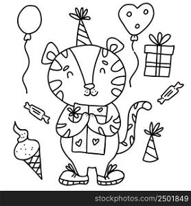 Cute tiger in birthday hat with gift, balloons, ice cream and sweets. Vector illustration. Linear drawing. Character for decor, design, for kids collection. 2022 is Tiger according to Eastern calendar