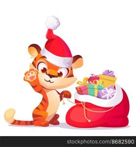 Cute tiger in christmas hat with gift sack. Vector cartoon illustration of funny kitten character with red open bag full of presents in boxes with ribbons and bows isolated on white background. Cute tiger in in christmas hat with gift sack