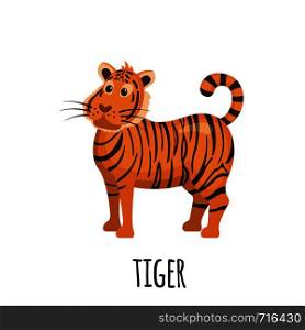 Cute Tiger in flat style isolated on white background. Cartoon tiger. Zoo animal. Vector illustration.. Cute Tiger in flat style