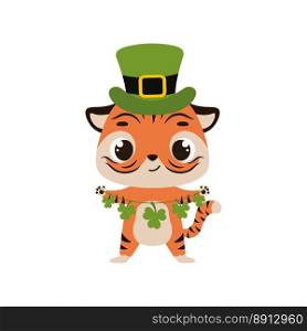 Cute tiger in green leprechaun hat with clover. Irish holiday folklore theme. Cartoon design for cards, decor, shirt, invitation. Vector stock illustration.