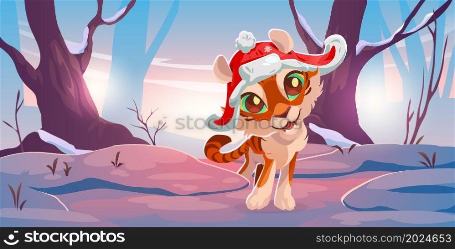 Cute tiger in red hat in winter forest at sunset. Christmas or New Year greeting card. Vector cartoon illustration of woods landscape with snow, tree trunks and funny smiling kitten. Cute tiger in red hat in winter forest