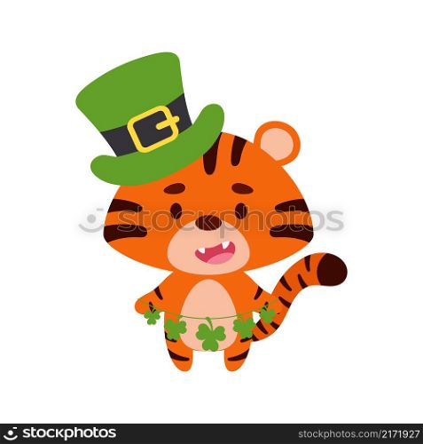 Cute tiger in St. Patrick&rsquo;s Day leprechaun hat holds shamrocks. Irish holiday folklore theme. Cartoon design for cards, decor, shirt, invitation. Vector stock illustration.