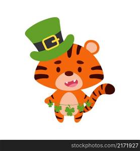 Cute tiger in St. Patrick&rsquo;s Day leprechaun hat holds shamrocks. Irish holiday folklore theme. Cartoon design for cards, decor, shirt, invitation. Vector stock illustration.