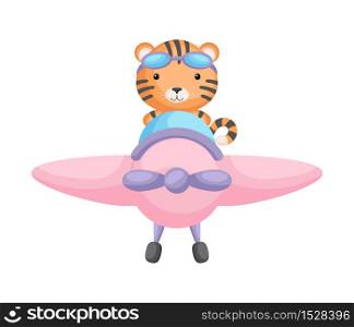 Cute tiger pilot wearing aviator goggles flying an airplane. Graphic element for childrens book, album, scrapbook, postcard, mobile game. Flat vector stock illustration isolated on white background.